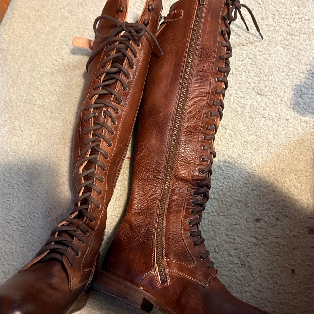 Brown Lace-Up Knee-High Boots cobbler Bed Stu leather boots like new